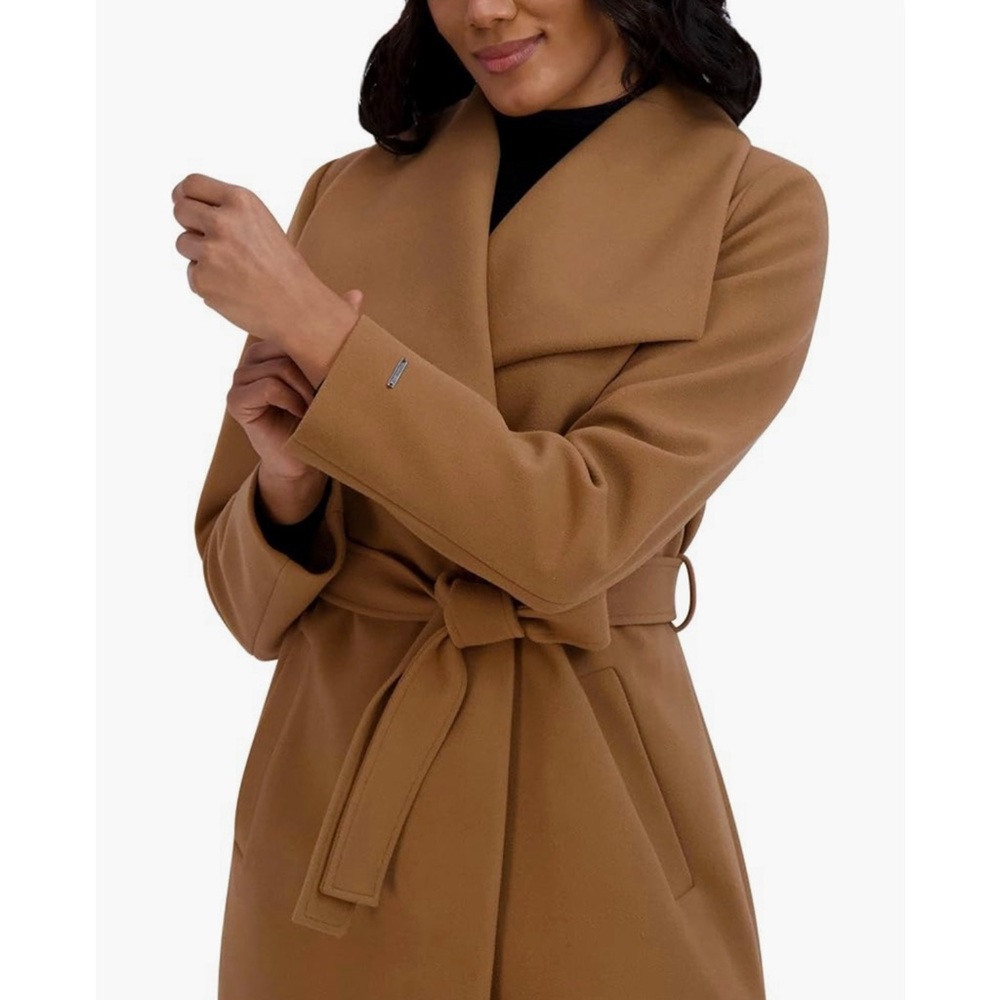NWT Tahari Tan Camel Wide Collar Shawl Tie Belt Pea Wrap Coat Jacket Faux Wool S - Picture 4 of 15